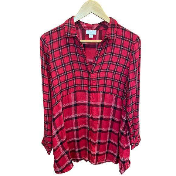 J.Jill Red & Black Tartan Plaid A-Line Tunic Long Button Down Collared Shirt XS - Picture 3 of 17